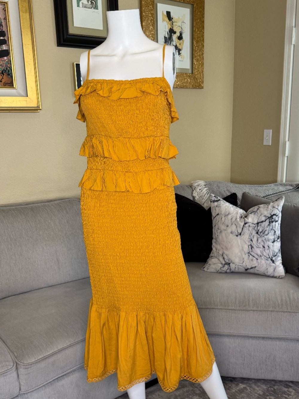 Antonio Melani Mustard Yellow Ruffle Tiered Smocked Midi Dress Size 10 NWT